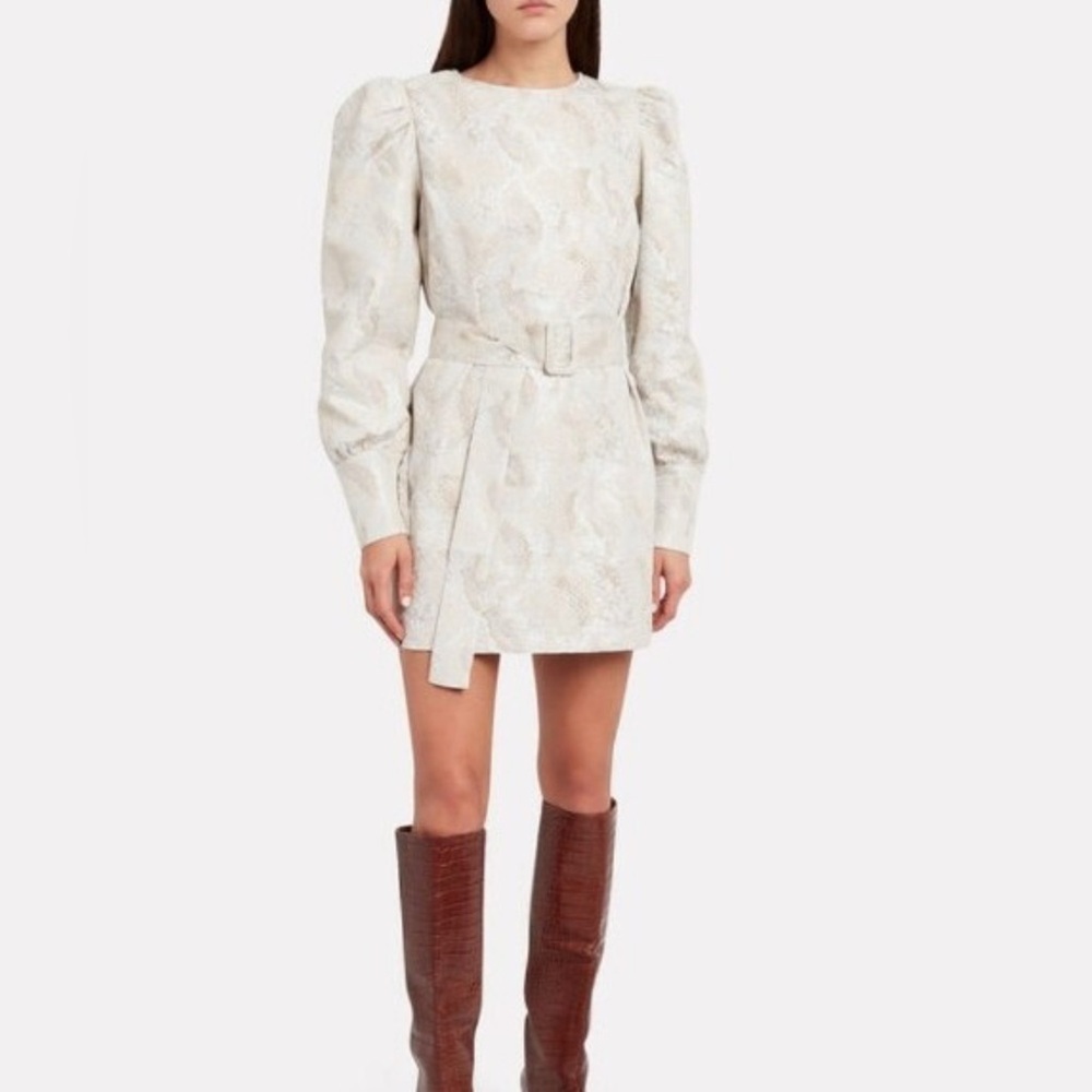 THE ANDAMANE Snakeskin-jacquard Belted Mini Dress In Lurex Beige Small